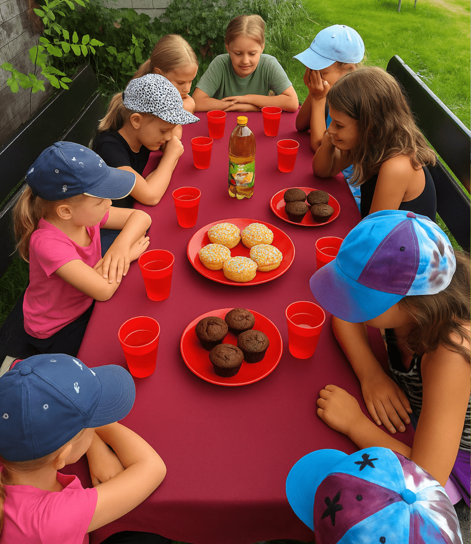 Plus-Paket 1: Der süße Moment mit Kuchen und Muffins Kinder essen Kuchen bei einem Kindergeburtstag mit Schönenberg Alpakas im Mindeltal, Jettingen-Scheppach