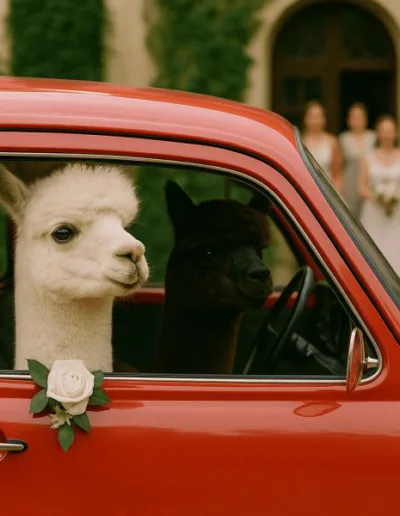 Alpaka kommt mit dem Auto zur Hochzeitslocation
