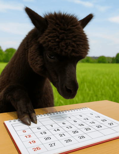 Alpaka sitzt vor einem Kalender