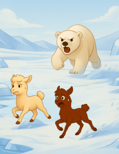 Romeo und Samurai rennen über das Eis, während ein Eisbär hinter ihnen herläuft
