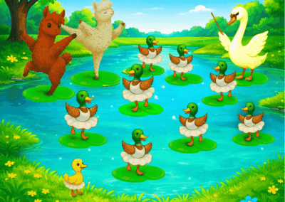 Romeo und Samurai tanzen mit Enten, während ein Schwan dirigiert