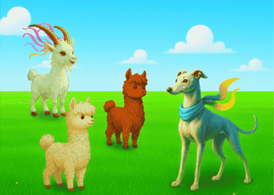 Romeo und Samurai stehen mit der Ziege Zilla und Windhund Venturo auf einer grünen Wiese