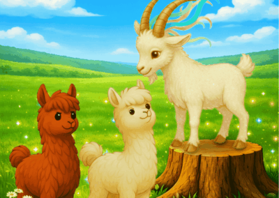 Romeo und Samurai treffen die glitzernde Ziege Zilla auf einer Wiese