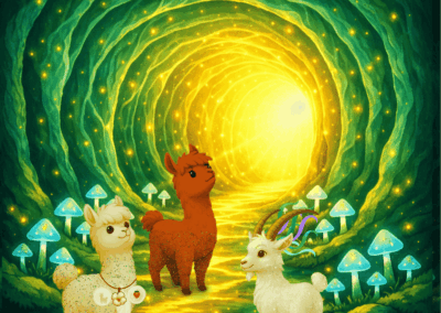 Romeo, Samurai und Zilla stehen in einem leuchtenden Tunnel mit Pilzen