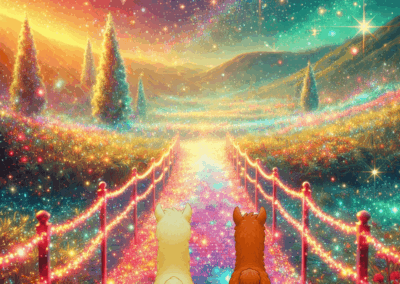 Romeo und Samurai stehen auf einer leuchtenden Brücke in einer funkelnden Landschaft