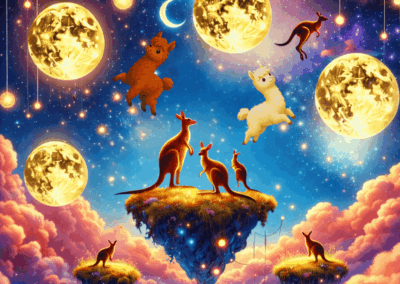 Romeo und Samurai mit Kängurus in einer leuchtenden Fantasiewelt