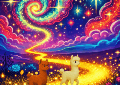 Romeo und Samurai folgen einem glitzernden Weg durch eine magische Landschaft