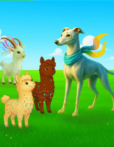 Romeo und Samurai stehen mit der Ziege Zilla und Windhund Venturo auf einer grünen Wiese