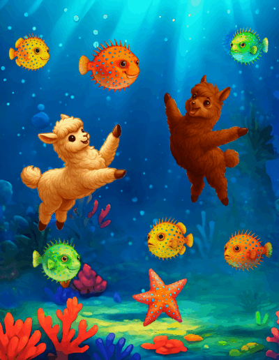 Romeo und Samurai tanzen unter Wasser zwischen bunten Kugelfischen und einem Seestern