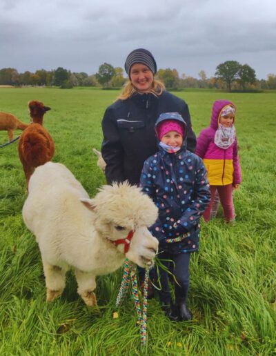 Alpakas auf einer Wiese mit Kindern.