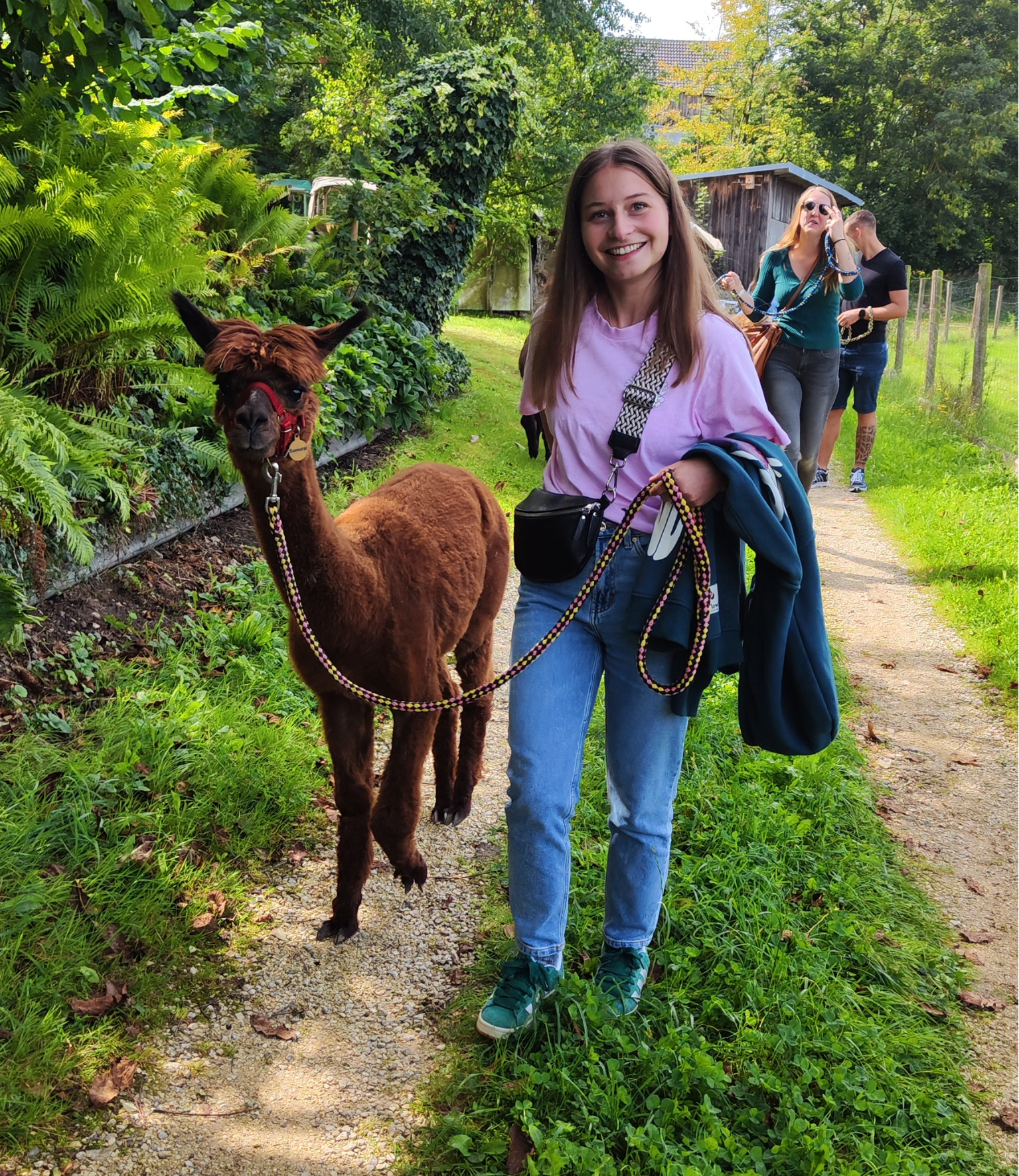 ...ihr einfach Lust auf knuffig und flauschig habt. Alpakawanderung buchen: Eine weibliche Teilnehmerin steht mit ihrem Alpaka auf einem Weg im Mindeltal bei Schönenberg Alpakas.