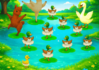 Romeo und Samurai tanzen mit Enten, während ein Schwan dirigiert