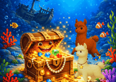 Romeo und Samurai entdecken unter Wasser eine leuchtende Schatztruhe voller Gold und Edelsteine